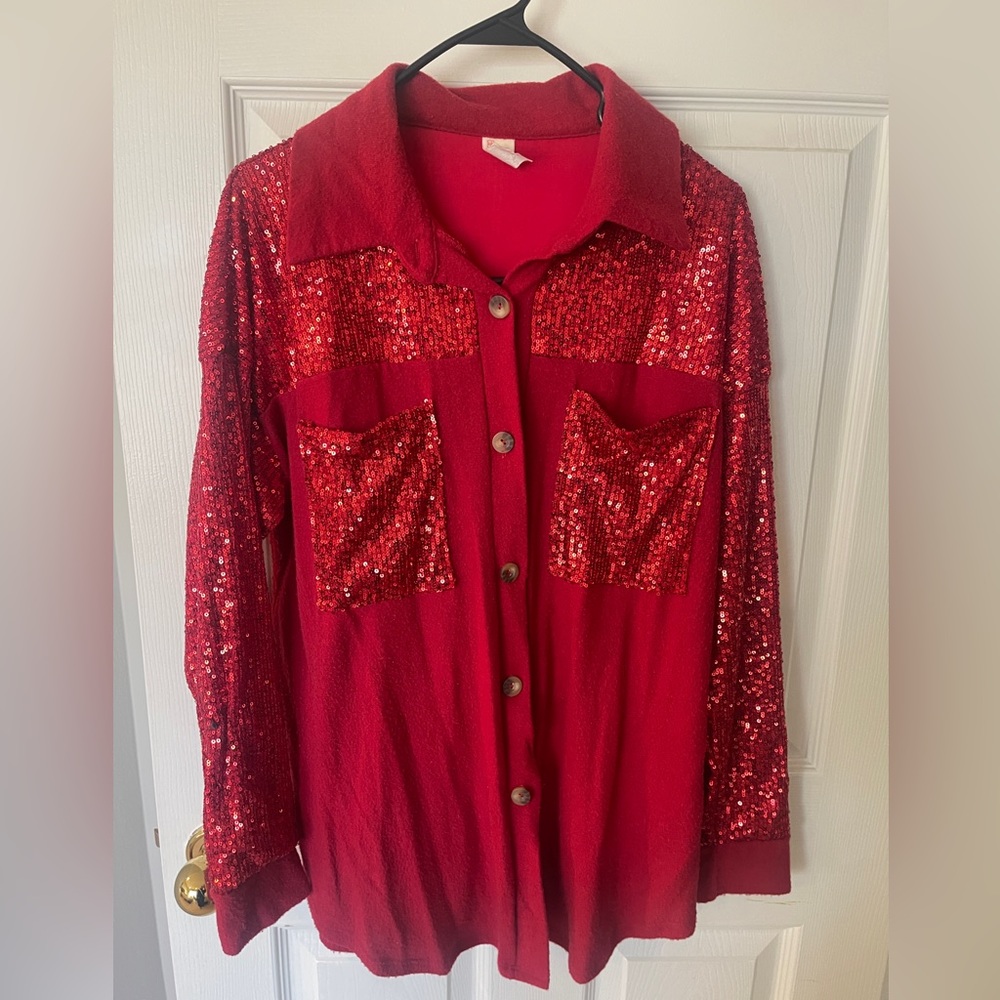 Red holiday top with sequins! Med